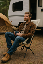 Man sitter avslappnat i en campingstol utomhus framför en husbil i skogen.