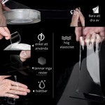 Infobild för dubbelsidig transparent tejp – enkel att använda, hög elasticitet, lämnar inga rester och tvättbar – perfekt för montering i husbil och husvagn.