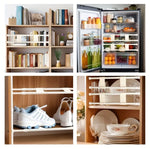 Förvaringscollage med fyra scener – bokhylla, kylskåp med mat, skorack och porslinshylla, smart organisering för husbil och camping