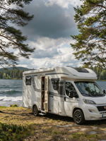 Husbil parkerad vid sjö omgiven av skog – perfekt för camping och friluftsliv i Sverige
