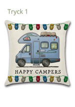 Kuddfodral med Happy Campers campingmotiv, husbil och husvagn dekoration.