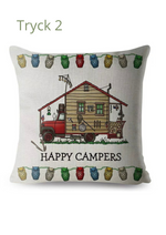 Kuddfodral med Happy Campers campingmotiv, husbil och husvagn dekoration.