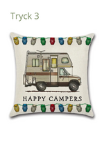 Kuddfodral med Happy Campers campingmotiv, husbil och husvagn dekoration.