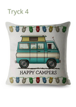 Kuddfodral med Happy Campers campingmotiv, husbil och husvagn dekoration.