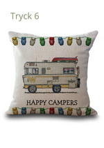 Kuddfodral med Happy Campers campingmotiv, husbil och husvagn dekoration.