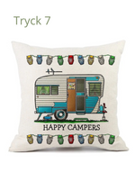 Kuddfodral med Happy Campers campingmotiv, husbil och husvagn dekoration.