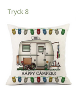 Kuddfodral med Happy Campers campingmotiv, husbil och husvagn dekoration.