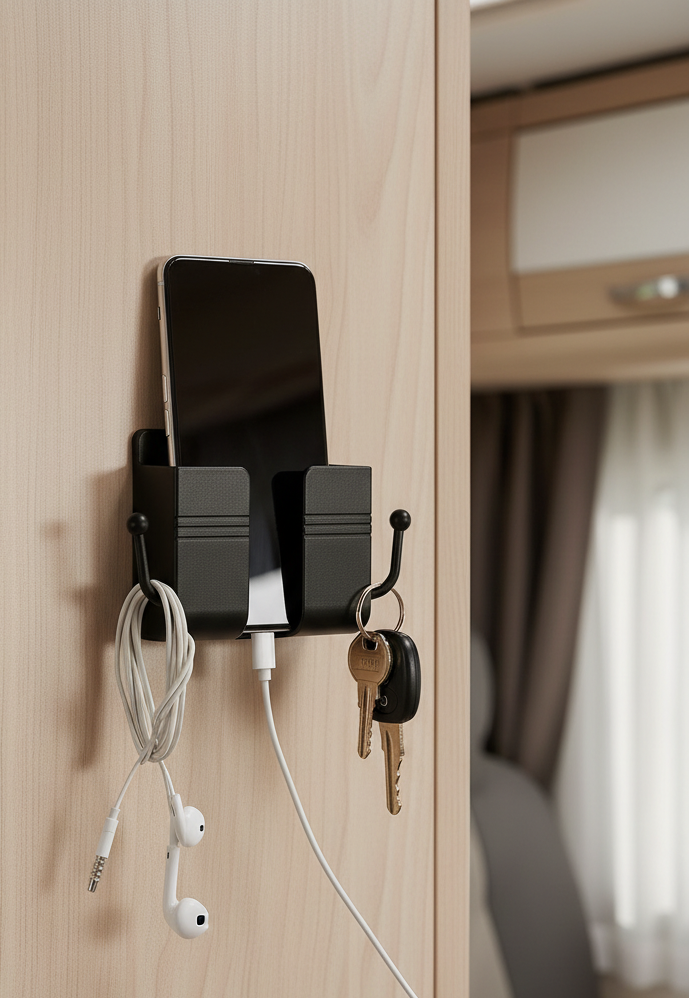 Hållare för mobil, fjärrkontroll, nycklar, kablar.