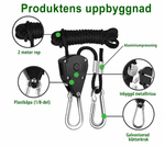 Infografik över repsträckarens uppbyggnad – 2 meter rep, aluminiumpressning, inbyggd metalltrissa och galvaniserad klätterkrok
