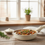 Vit stekpanna med köttstuvning, ärtor och morötter på träbord – perfekt för matlagning i husbilskök