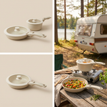 Krämvit keramisk stekpanna och kastrull – produktbild och matlagning på campingkök vid husvagn i skog